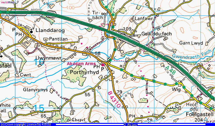 Map of the area around Porthyrhyd and the National Botanic Gardens. (97.5K bytes)